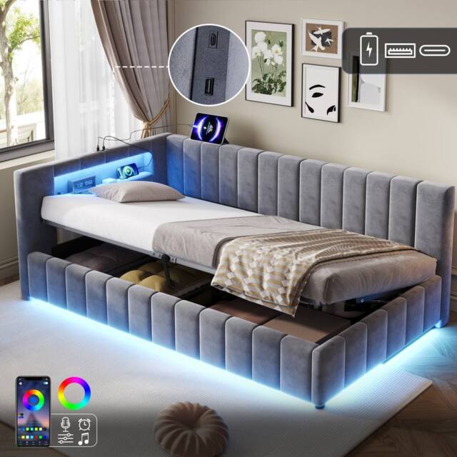 BTM 3FT Velvet Ottoman Bed RGB LED USB Type C Storage Grey - Size: Single - image 1