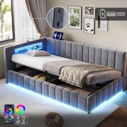 BTM 3FT Velvet Ottoman Bed RGB LED USB Type C Storage Grey - Size: Single