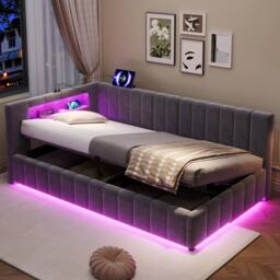 BTM 3FT Velvet Ottoman Bed RGB LED USB Type C Storage Grey - Size: Single - thumbnail 3