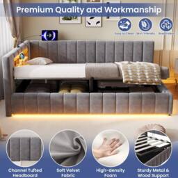 BTM 3FT Velvet Ottoman Bed RGB LED USB Type C Storage Grey - Size: Single - thumbnail 6