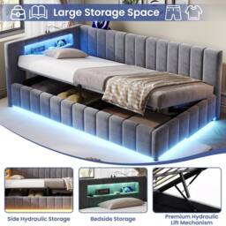 BTM 3FT Velvet Ottoman Bed RGB LED USB Type C Storage Grey - Size: Single - thumbnail 7