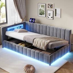 BTM 3FT Velvet Ottoman Bed RGB LED USB Type C Storage Grey - Size: Single - thumbnail 2