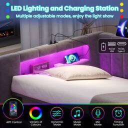 BTM 3FT Velvet Ottoman Bed RGB LED USB Type C Storage Grey - Size: Single - thumbnail 8