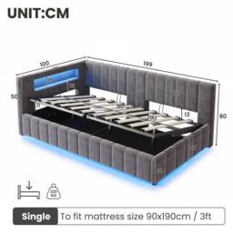 BTM 3FT Velvet Ottoman Bed RGB LED USB Type C Storage Grey - Size: Single - thumbnail 9