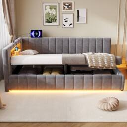 BTM 3FT Velvet Ottoman Bed RGB LED USB Type C Storage Grey - Size: Single - thumbnail 5