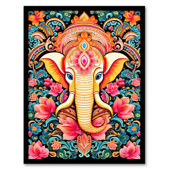 Artery8 Wall Art Print Hindu Floral Pattern with Elephant Vibrant Painting Orange Pink Blue Ganesha Ornate Flower Design Artwork Framed - Size: A4 - image 1