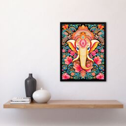Artery8 Wall Art Print Hindu Floral Pattern with Elephant Vibrant Painting Orange Pink Blue Ganesha Ornate Flower Design Artwork Framed - Size: A4 - thumbnail 4