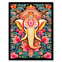 Artery8 Wall Art Print Hindu Floral Pattern with Elephant Vibrant Painting Orange Pink Blue Ganesha Ornate Flower Design Artwork Framed - Size: A4 - thumbnail 1