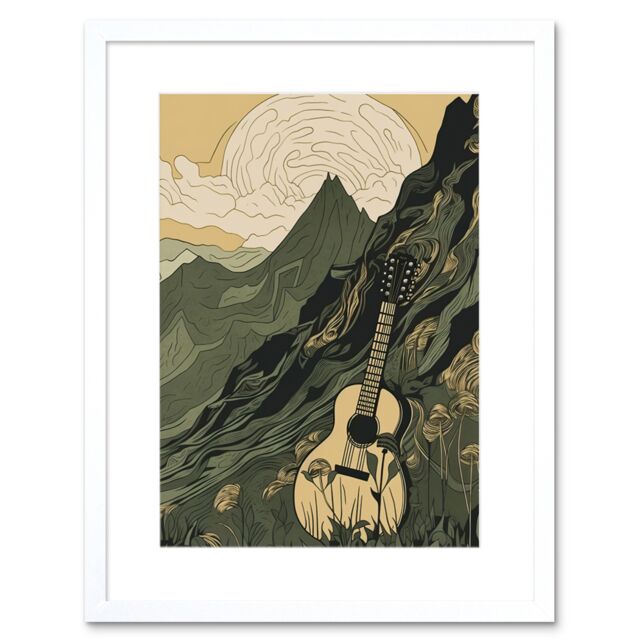 "Artery8 Wall Art Print Guitar on Mountain Landscape Morning at Campsite Artwork Framed 9X7 Inch in White - Size: W7"" x H9""" - image 1