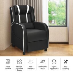 Gymax PU Leather Single Recliner Sofa Gaming Chair With Adjustable Footrest in White - thumbnail 3