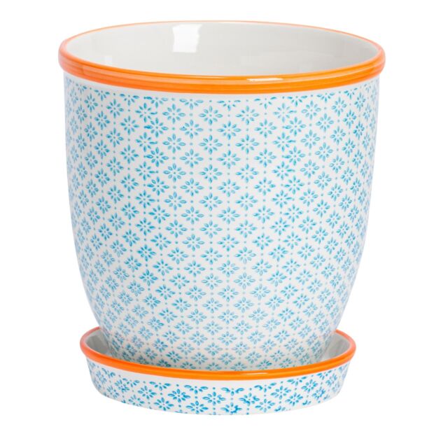 Nicola Spring Hand-Printed Plant Pot with Saucer - 20.5cm in Blue - image 1