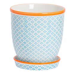 Nicola Spring Hand-Printed Plant Pot with Saucer - 20.5cm in Blue - thumbnail 1
