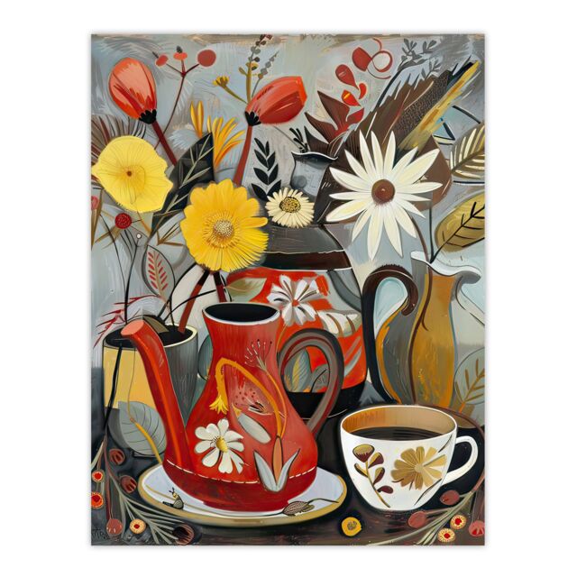 "Artery8 Coffee Pot Cup Wildflower Bouquet Vase Painting Wall Art Print - Size: W18"" x H24""" - image 1