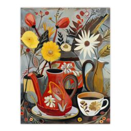 "Artery8 Coffee Pot Cup Wildflower Bouquet Vase Painting Wall Art Print - Size: W18"" x H24""" - thumbnail 1