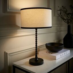 ValueLights Maeve Natural Linen Black Trim Drum Shade Matte Black Bobbin Table Lamp & Bulb