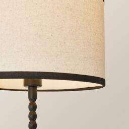ValueLights Maeve Natural Linen Black Trim Drum Shade Matte Black Bobbin Table Lamp & Bulb - thumbnail 4