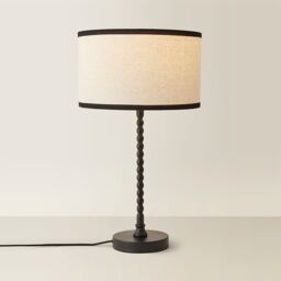 ValueLights Maeve Natural Linen Black Trim Drum Shade Matte Black Bobbin Table Lamp & Bulb - thumbnail 6