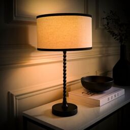ValueLights Maeve Natural Linen Black Trim Drum Shade Matte Black Bobbin Table Lamp & Bulb - thumbnail 3