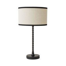 ValueLights Maeve Natural Linen Black Trim Drum Shade Matte Black Bobbin Table Lamp & Bulb - thumbnail 2