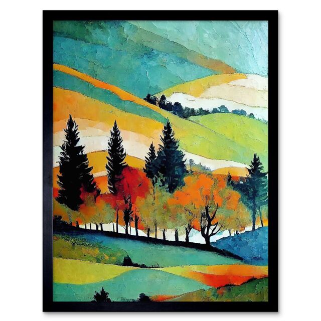 "Artery8 Wall Art Print Colourful Autumn Landscape Scotland Hillside Forest Oil Painting Art Framed - Size: W12"" x H16""" - image 1