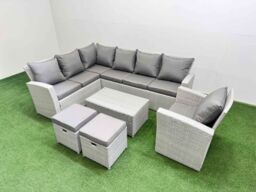 Fimous 9 Seater Garden Outdoor PE Rattan Furniture Set with 2 Small Stools in Light Grey - thumbnail 2