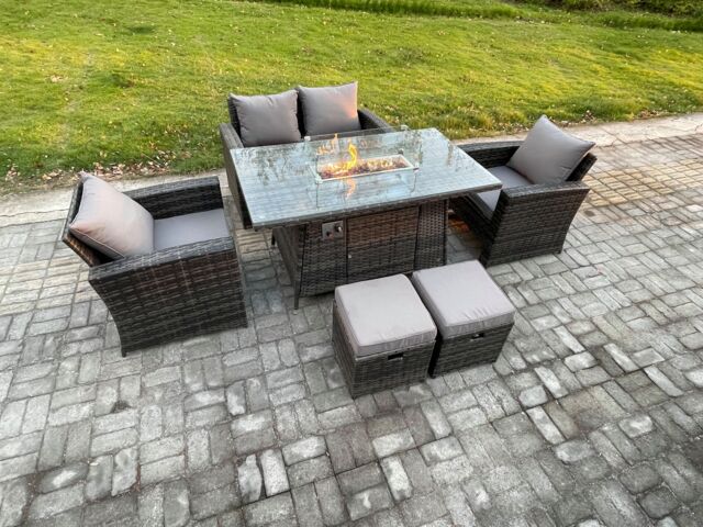 Fimous 6 Seater Outdoor Rattan Sofa Set Garden Furniture Gas Firepit Dining Table with 2 Small Footstools in Dark Grey