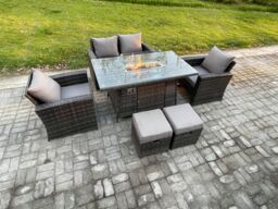 Fimous 6 Seater Outdoor Rattan Sofa Set Garden Furniture Gas Firepit Dining Table with 2 Small Footstools in Dark Grey - thumbnail 1