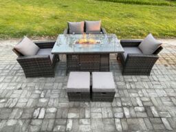 Fimous 6 Seater Outdoor Rattan Sofa Set Garden Furniture Gas Firepit Dining Table with 2 Small Footstools in Dark Grey - thumbnail 2