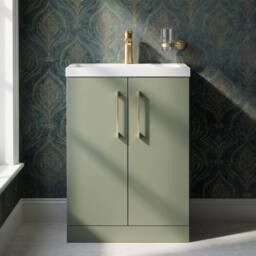 Balterley Bathroom Vanity Basin Unit, Brushed Brass Handles, 600mm, Satin Green - thumbnail 4