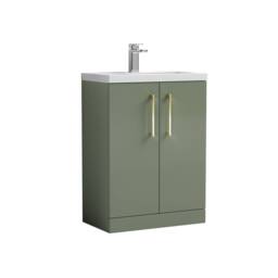 Balterley Bathroom Vanity Basin Unit, Brushed Brass Handles, 600mm, Satin Green