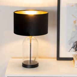 ValueLights Jessy Glass with Black Trim Table Lamp with Black Velvet & Gold Inner Lamp Shade