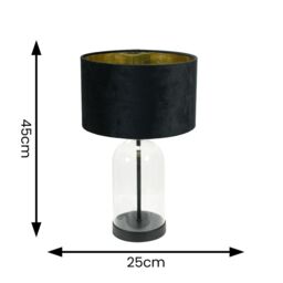 ValueLights Jessy Glass with Black Trim Table Lamp with Black Velvet & Gold Inner Lamp Shade - thumbnail 4