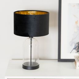 ValueLights Jessy Glass with Black Trim Table Lamp with Black Velvet & Gold Inner Lamp Shade - thumbnail 3