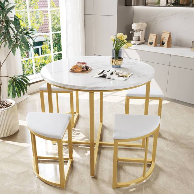 Matteo White & Gold MDF Dining Table Set with 4 Velvet Chairs - Modern Luxury - image 1