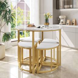 Matteo White & Gold MDF Dining Table Set with 4 Velvet Chairs - Modern Luxury - thumbnail 2