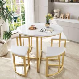 Matteo White & Gold MDF Dining Table Set with 4 Velvet Chairs - Modern Luxury