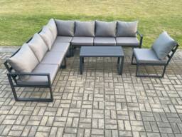 Fimous Aluminium 8 Seater Patio Outdoor Garden Furniture Lounge Corner Sofa Set with Oblong Coffee Table Dark Grey - thumbnail 2