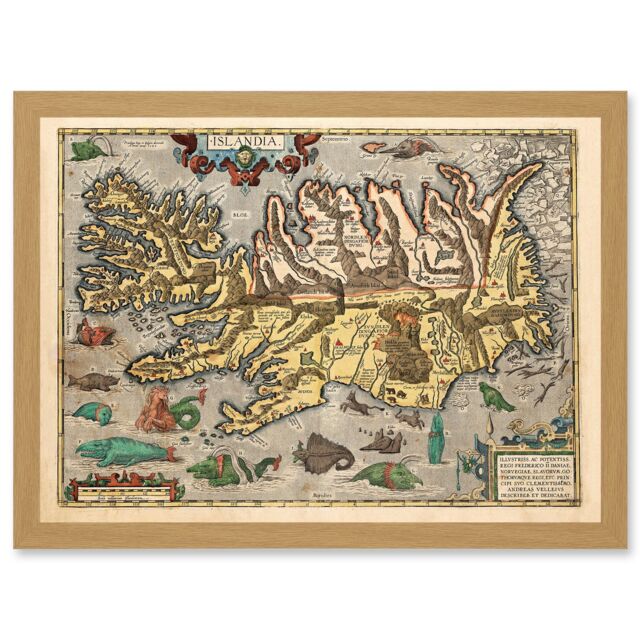 Artery8 Map Ortelius 1585 Iceland Islandia Sea Monsters Pictorial Fantasy Artwork Framed Wall Art Print A4 in Light Oak - image 1