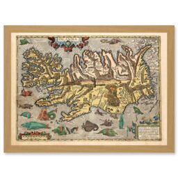 Artery8 Map Ortelius 1585 Iceland Islandia Sea Monsters Pictorial Fantasy Artwork Framed Wall Art Print A4 in Light Oak - thumbnail 1
