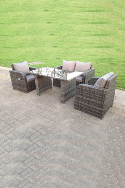Fimous Rattan Garden Furniture Set Adjustable Chair Double Love Seat 2 Seater Sofa Oblong Rectangular Black Glass Dining Table in Dark Grey - image 1