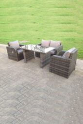 Fimous Rattan Garden Furniture Set Adjustable Chair Double Love Seat 2 Seater Sofa Oblong Rectangular Black Glass Dining Table in Dark Grey - thumbnail 1