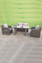 Fimous Rattan Garden Furniture Set Adjustable Chair Double Love Seat 2 Seater Sofa Oblong Rectangular Black Glass Dining Table in Dark Grey - thumbnail 2