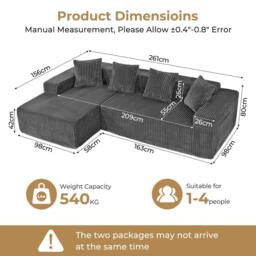 Dprodo 261CM Modular Left L-Shaped Sectional Sofa, 4 Seater Corner Sofa in Grey - thumbnail 3