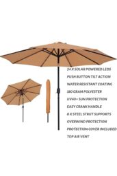 Glamhaus Khaki Solar Power LED Tilting Parasol Waterproof Garden Umbrella 2.7M - thumbnail 2