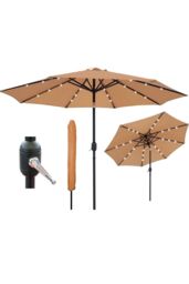 Glamhaus Khaki Solar Power LED Tilting Parasol Waterproof Garden Umbrella 2.7M - thumbnail 1