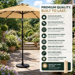 Glamhaus Khaki Solar Power LED Tilting Parasol Waterproof Garden Umbrella 2.7M - thumbnail 9