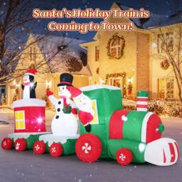 Gymax 350 cm/11.5 FT Christmas Inflatables Santa Claus Driving Train in Red - thumbnail 3