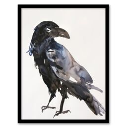"Artery8 A Single Raven Bird Bright Watercolour Painting Framed Wall Art in Black - Size: W12"" x H16""" - thumbnail 1