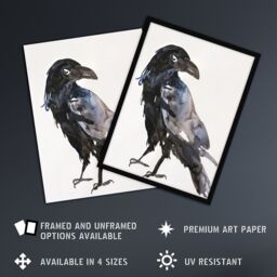 "Artery8 A Single Raven Bird Bright Watercolour Painting Framed Wall Art in Black - Size: W12"" x H16""" - thumbnail 2