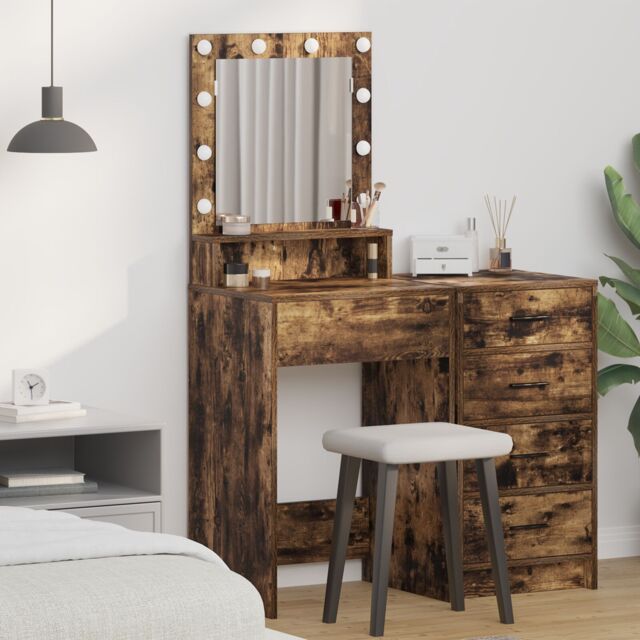 Berkfield Home Makeup Table with LED Lights - Smoked Oak 50x41x135 cm in Brown - Size: 50 x 41 x 135 cm - image 1